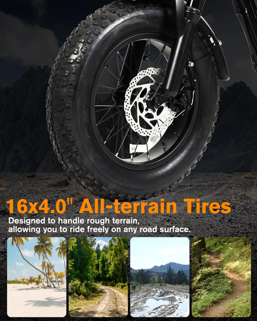 Close-up of a black fat tire with a silver disc brake on a motorcycle or bicycle, with text reading '16x4.0" All-terrain Tires' and three small landscape photos showing different terrains.