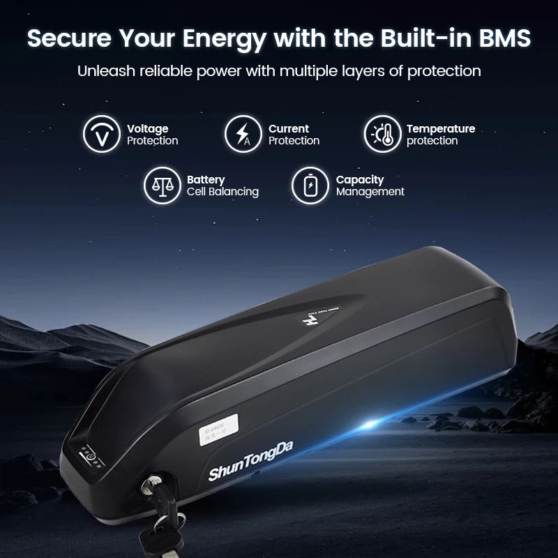 A black ShunTongDa built-in battery management system (BMS) device with a key, shown against a dark, rocky night sky background with promotional text detailing its protective features.