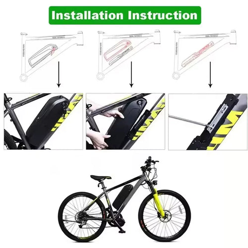 Installation instruction diagram showing steps to mount a black battery pack onto a mountain bike frame, with three schematic views at the top and close-up photos of the mounting process below on a white background.