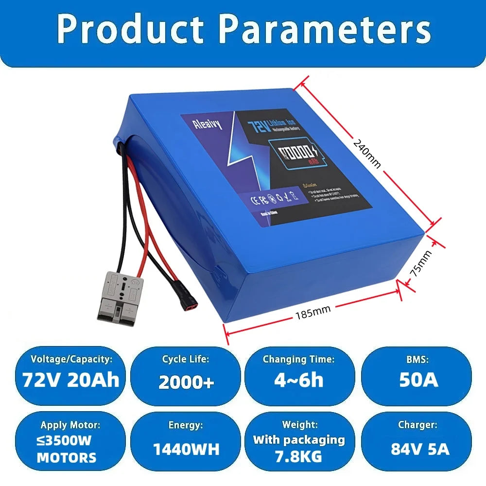 Blue battery pack with specifications on a white background