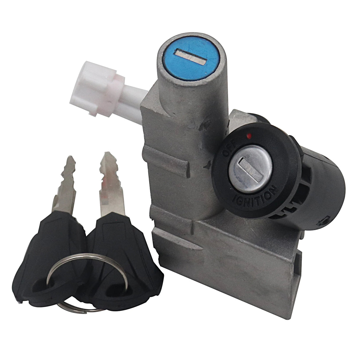 A metal ignition lock cylinder with a black ignition key, a silver key, and two black key fobs on a white background.