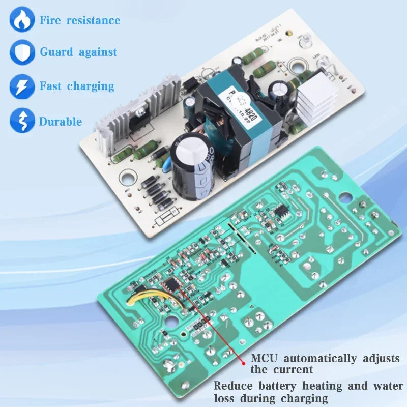 Two electronic circuit boards shown on a light blue background with feature callouts: one white board with black and blue components, and one teal-green board with silver circuitry. Text highlights fire resistance, guard against, fast charging, and durable features.