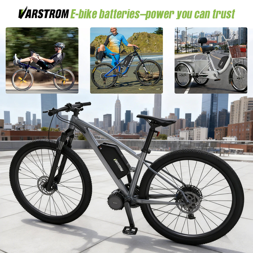 Varstrom electric bike with cityscape background and lifestyle images of people using bikes.