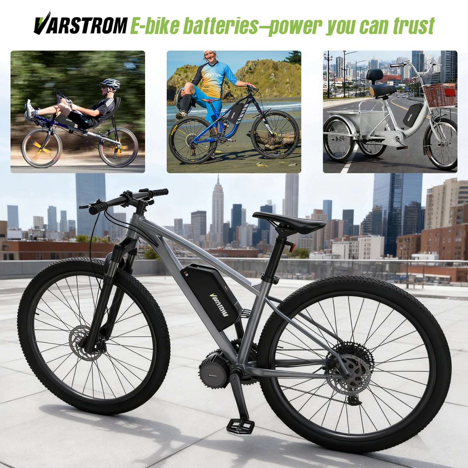 Varstrom electric bike with cityscape background and lifestyle images of people using bikes.
