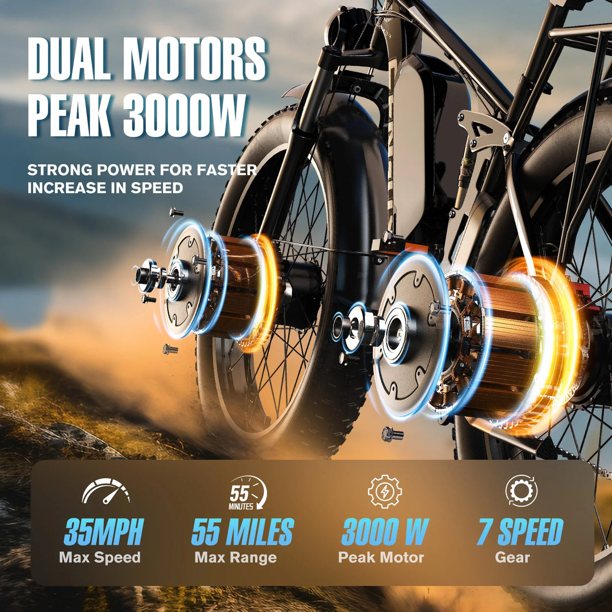 Electric bike with dual motors and performance specifications on a scenic background