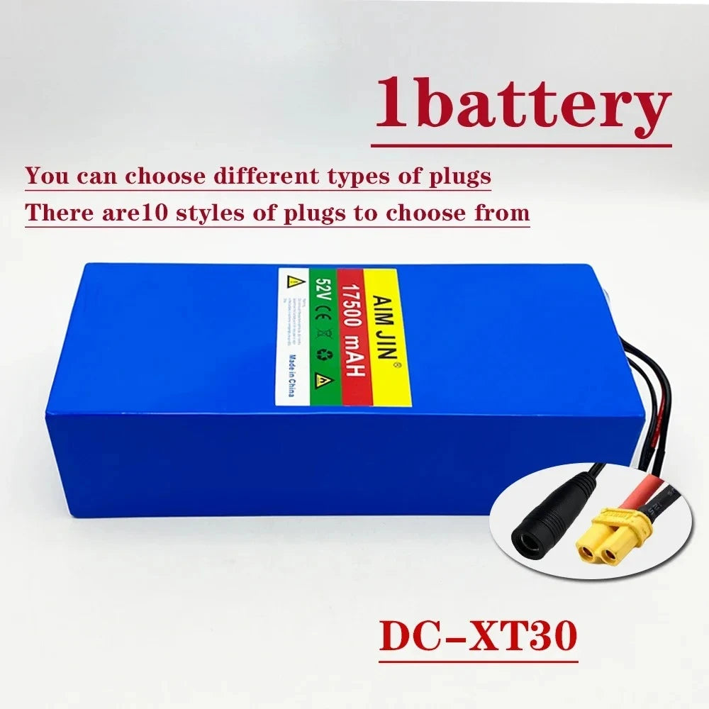 A blue rectangular lithium-ion battery pack with a label reading 'AM LIN 14S 7500 MAH' and '20C', shown on a white background with red text overlays and a circular inset showing plug connectors.