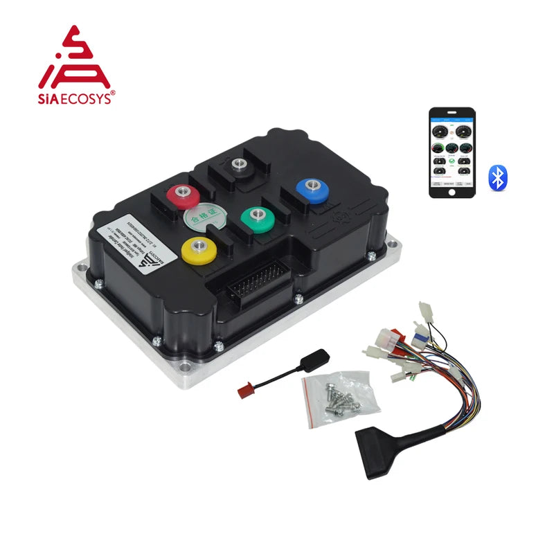 SIAECOSYS electronic control box for electric vehicles, featuring a black housing with colored terminal buttons (red, green, blue, yellow) and a silver metal base plate. The image includes accessories (wiring harness, screws, connector) and a smartphone graphic displaying a remote control app with Bluetooth icon.