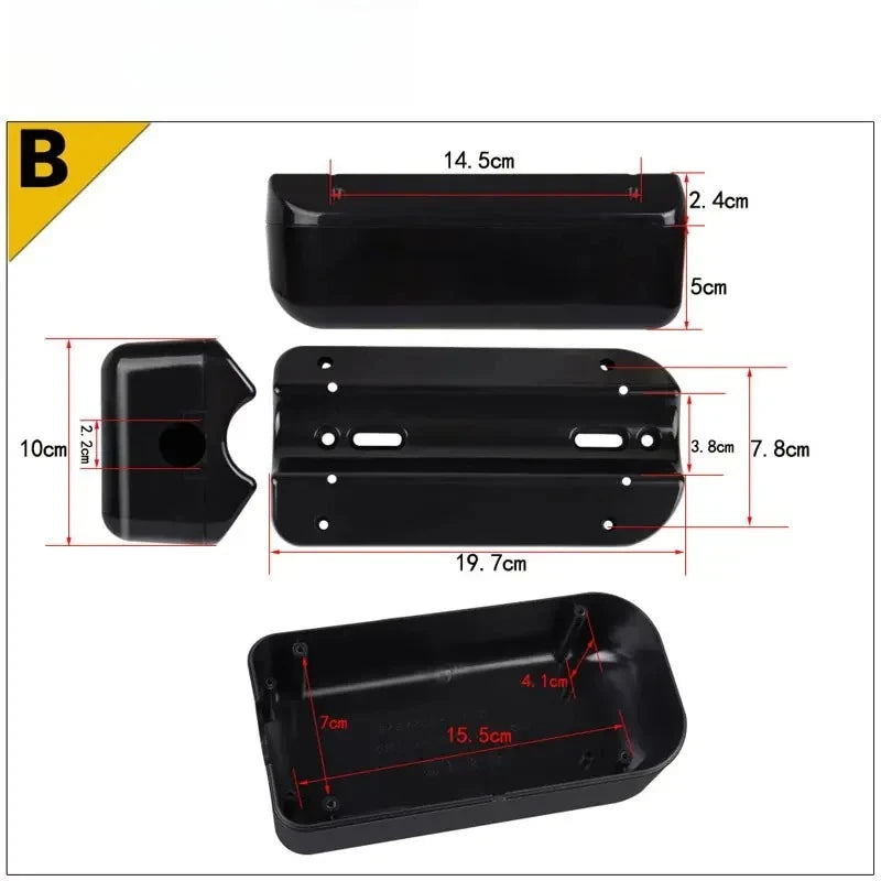Black plastic mounting bracket kit shown with three views and red dimension lines and labels on a white background, including a yellow corner label with the letter B.