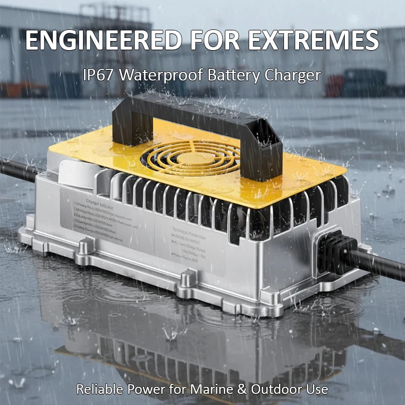 An IP67 waterproof battery charger with a silver aluminum housing and a yellow top cover, shown in a rainy outdoor setting with text overlays reading 'ENGINEERED FOR EXTREMES' and 'Reliable Power for Marine & Outdoor Use'.