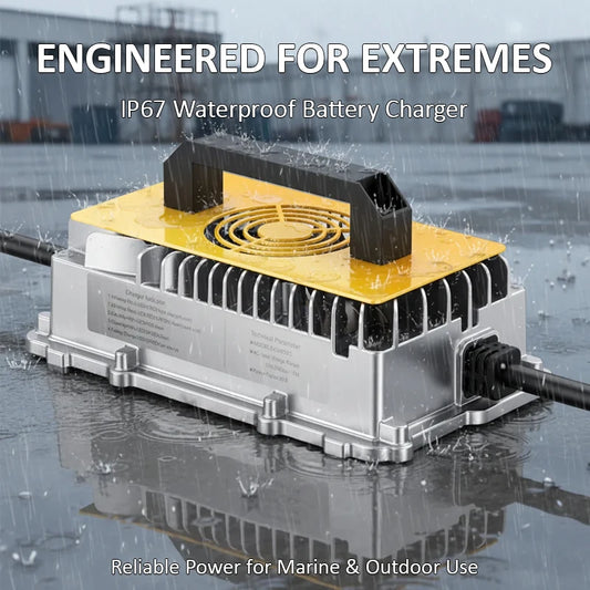 An IP67 waterproof battery charger with a silver aluminum housing and a yellow top cover, shown in a rainy outdoor setting with text overlays reading 'ENGINEERED FOR EXTREMES' and 'Reliable Power for Marine & Outdoor Use'.