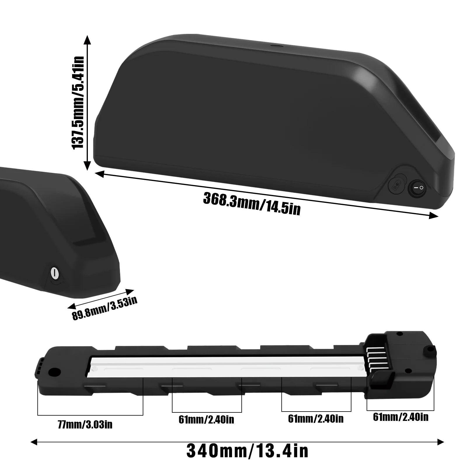 Black electronic control module with dimension annotations showing three views: top view (368.3mm x 197.