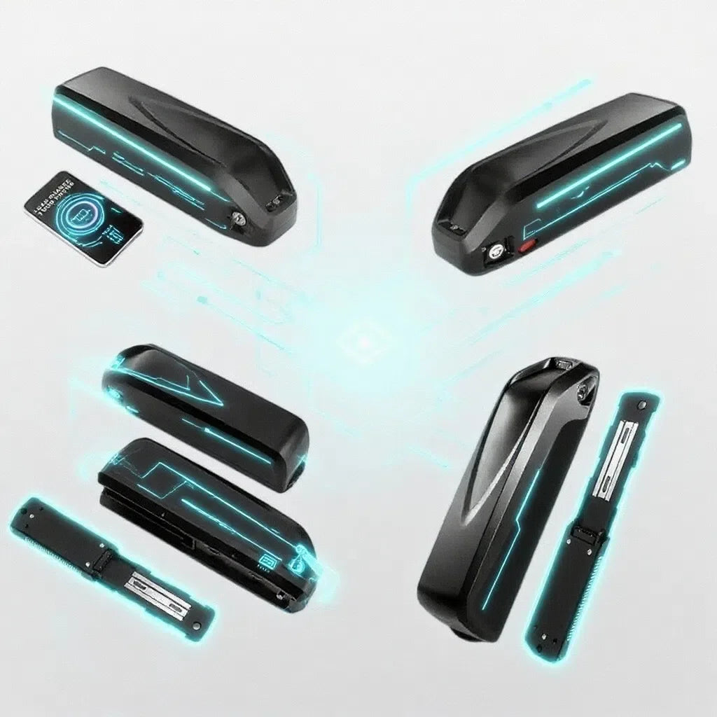 A set of black smart magnetic clip bags with glowing cyan LED accents, shown in multiple views alongside a small remote control on a light gray background.