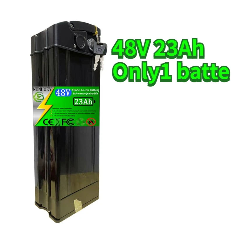A black 48V 23Ah lithium-ion battery with a green and white label, shown on a white background with green text overlay reading '48V 23Ah Only1 batte'.