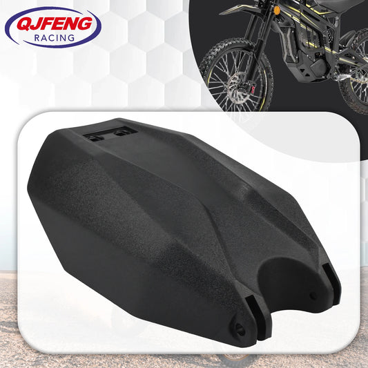Black plastic motorcycle tank cover or fender shown on a white card with a QJFENG RACING logo in the top left and a cropped motorcycle in the top right.