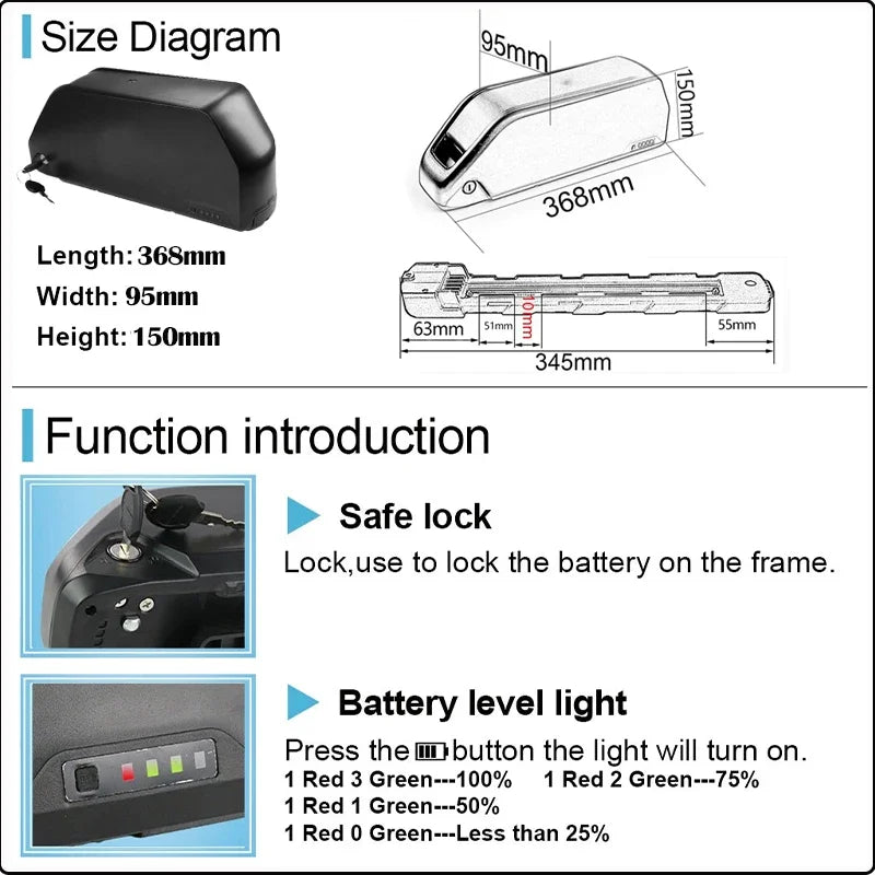 A product information graphic showing a black rectangular battery with dimension measurements, a functional diagram, and small inset photos of a lock knob and a battery level light indicator.