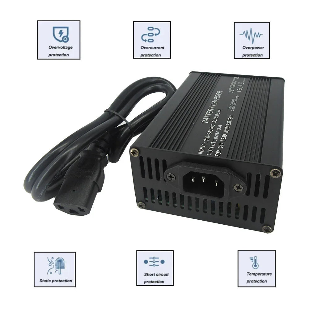 Black battery charger power supply with attached power cord, shown on a white background with feature icons for overvoltage protection, overcurrent protection, overpower protection, static protection, short circuit protection, and temperature protection.