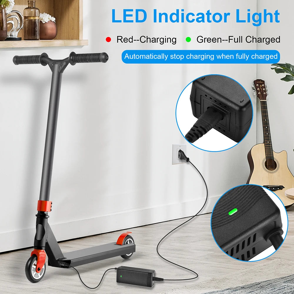 A foldable electric scooter in dark gray with red accents is shown indoors on a light floor, connected to a black power adapter and wall charger. The image includes text explaining LED indicator lights (red for charging, green for full charged) and two circular close-up callouts highlighting the charger and scooter light.