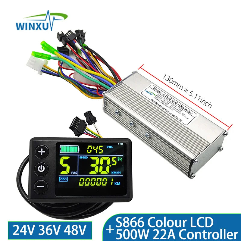 Winxu S866 colour LCD battery smart motor controller kit, featuring a silver metal motor controller box with attached wiring, a black LCD display controller, and blue promotional text overlays indicating specifications.