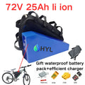 HYL 72V 25Ah lithium-ion battery pack with a black carrying bag, blue triangular battery unit, and black charger on a white background, with text and small inset graphics including a bicycle and connector labels.