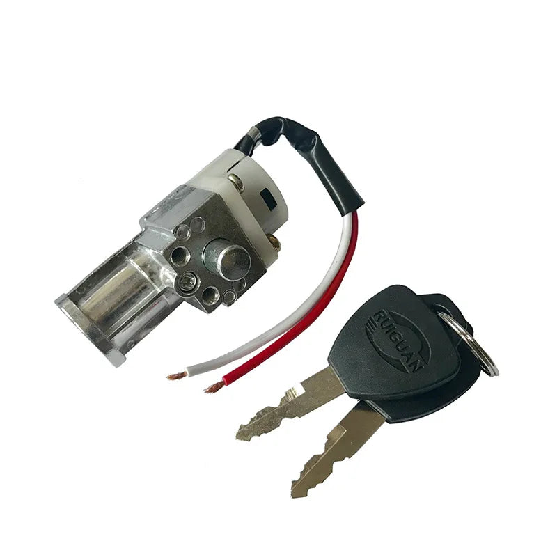 A metal and black electric ignition lock cylinder with two keys, shown on a plain white background. One key has a black head with the brand name 'BINGOON' embossed on it.