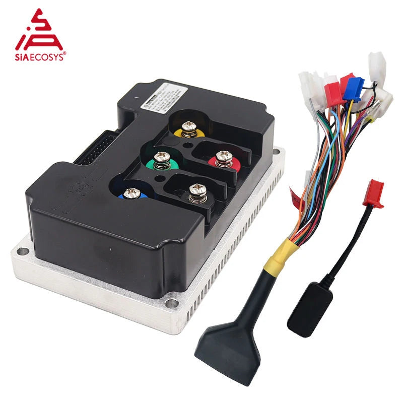 SIA ECOSYS electric motor controller module with a black plastic housing, silver metal base, and attached wiring harness with multicolored wires and red/blue connector plugs, shown on a white background.