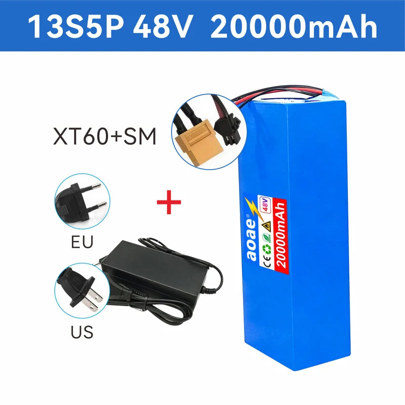Blue 13S5P 48V 20000mAh lithium-ion battery pack shown with a black power adapter and plug-in accessory on a white background, with inset circles showing connector details and plug types EU and US.