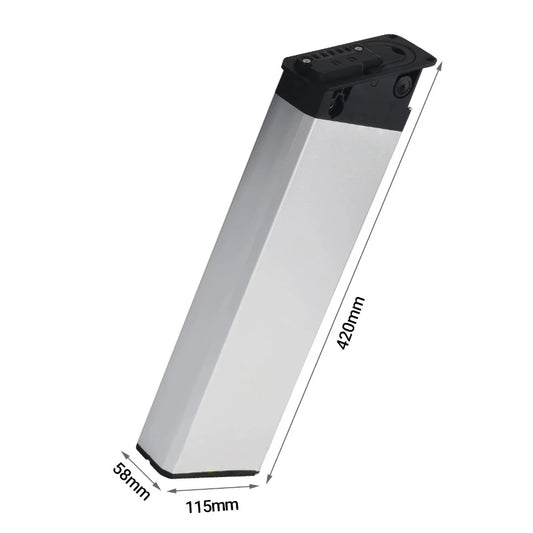 Silver rectangular battery with a black top and bottom cap, shown on a white background with dimension labels indicating 420mm length, 58mm width, and 115mm depth.
