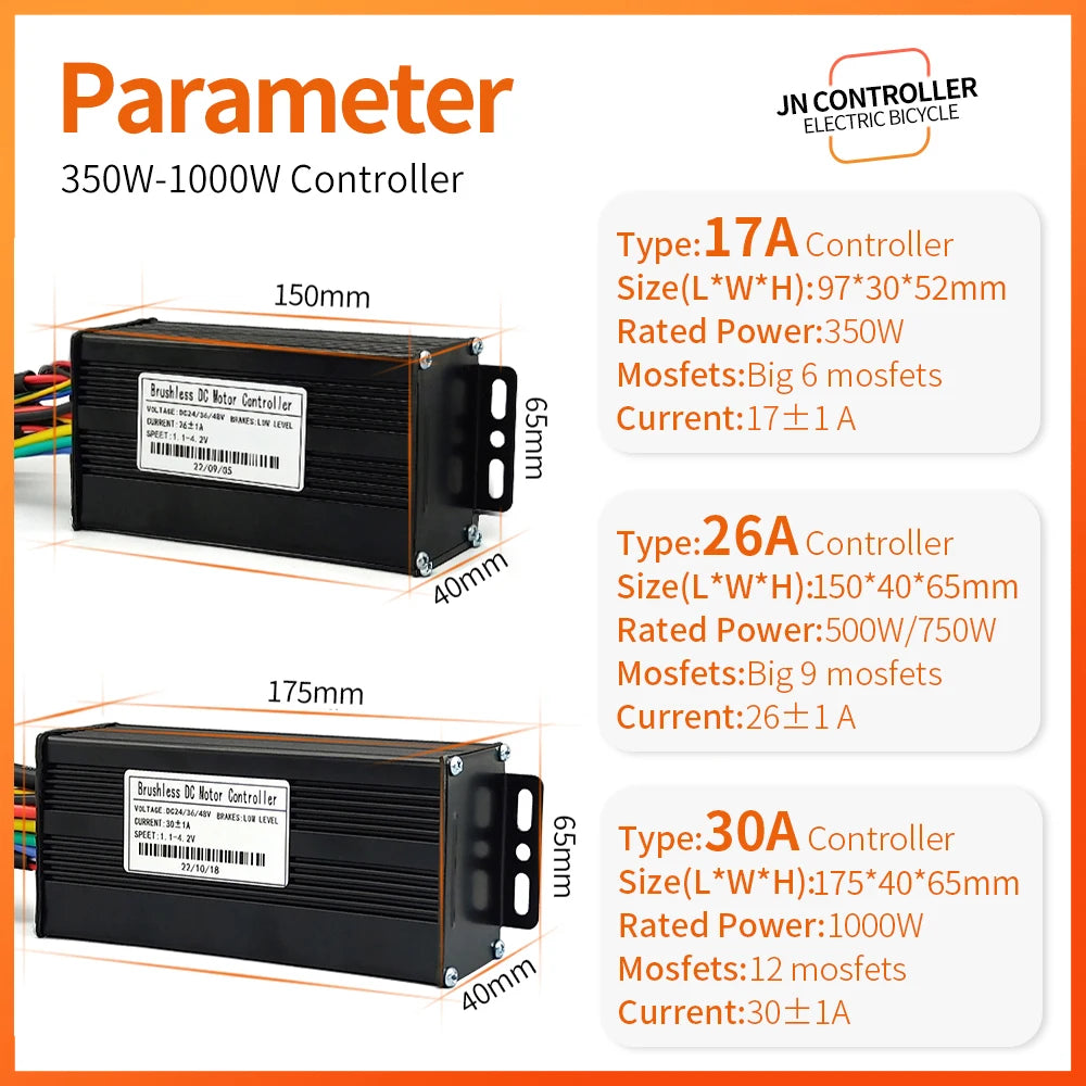 Electric bicycle controller parameters with JN Controller branding on an orange background