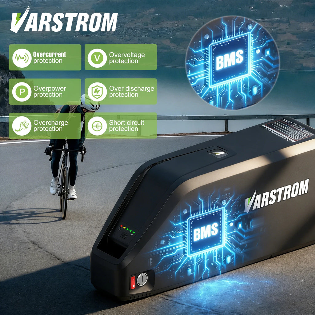 Varstrom battery pack with BMS technology on a road with a cyclist in the background