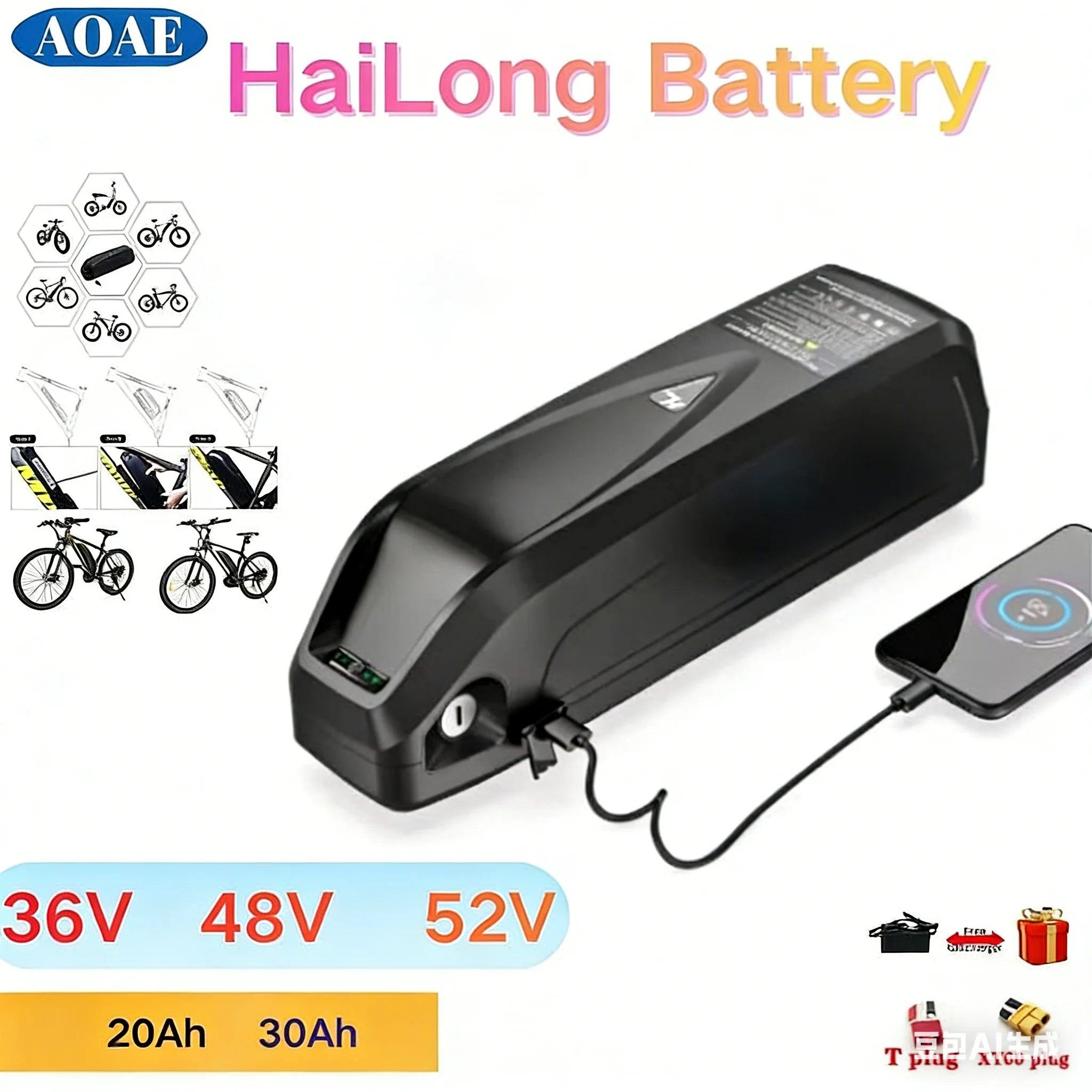 HaiLong Battery with charging cable and smartphone app interface on a white background