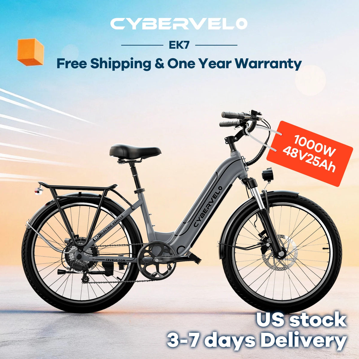 A gray Cybervelo EK7 electric bicycle shown in profile against a soft blue-to-beige gradient background with promotional text overlays including 'Free Shipping & One Year Warranty,' '1000W 48V25Ah,' and 'US stock 3-7 days Delivery.'.