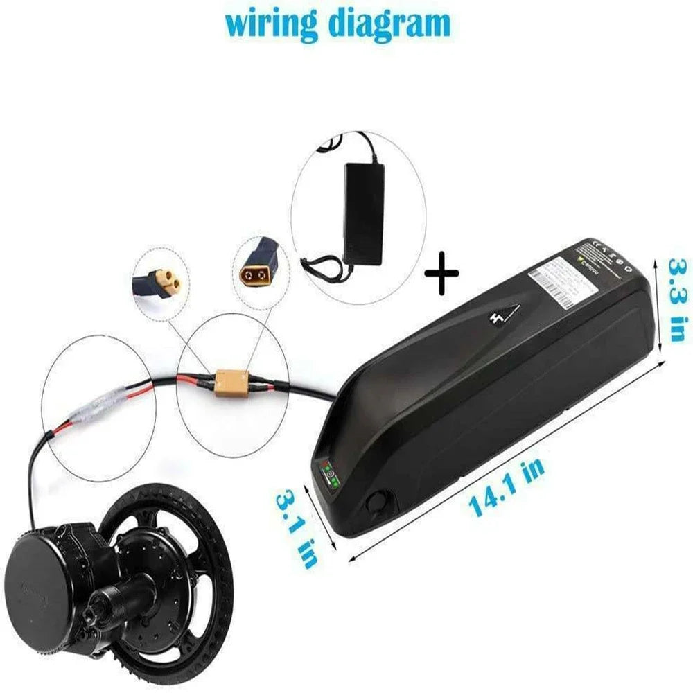 Wiring diagram showing a black electric bike battery pack with dimension labels (14.1 in x 3.