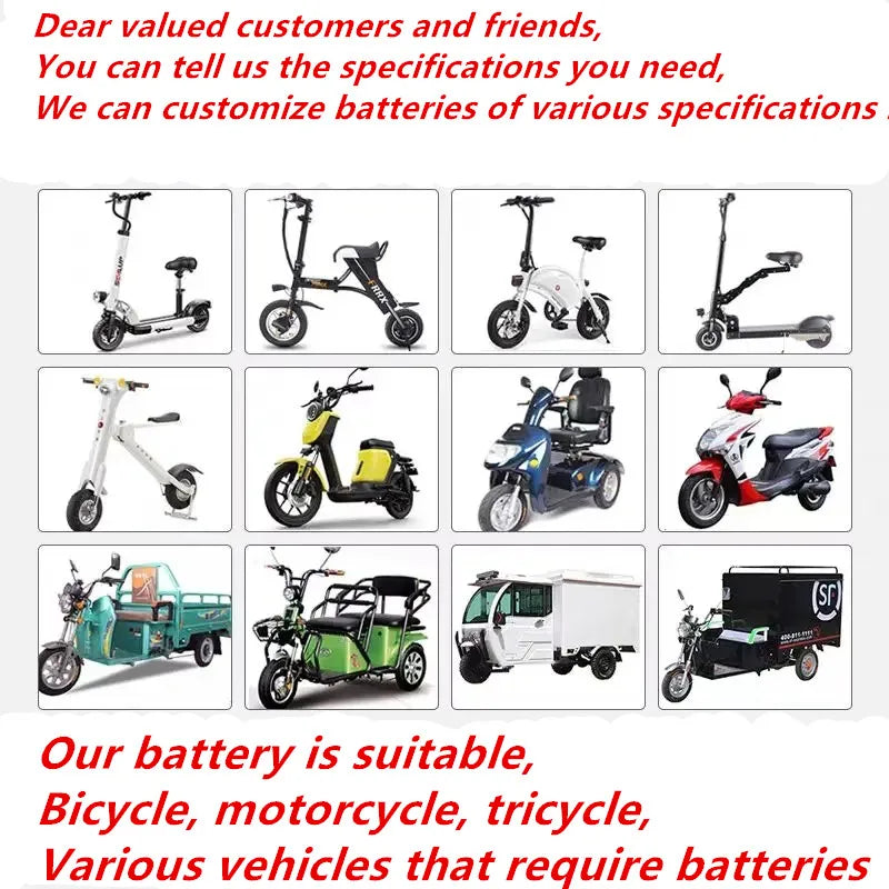 A promotional collage showing multiple small product photos of electric bicycles, scooters, tricycles, and cargo vehicles arranged in a grid, with red text at the top and bottom explaining battery customization and compatibility.
