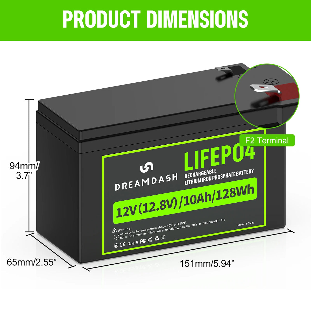 Black DreamDash LIFEPO4 12V lithium-ion battery with green and white label, shown with product dimension measurements and a terminal callout on a white background.