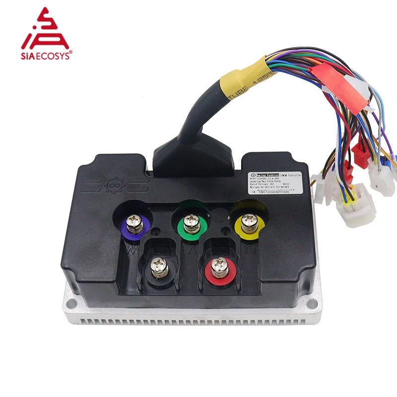 A black and white electronic control module with a multi-colored wire harness, featuring colored terminal covers in purple, green, yellow, and red. The brand logo 'SIAECOSYS' is visible in the top-left corner.