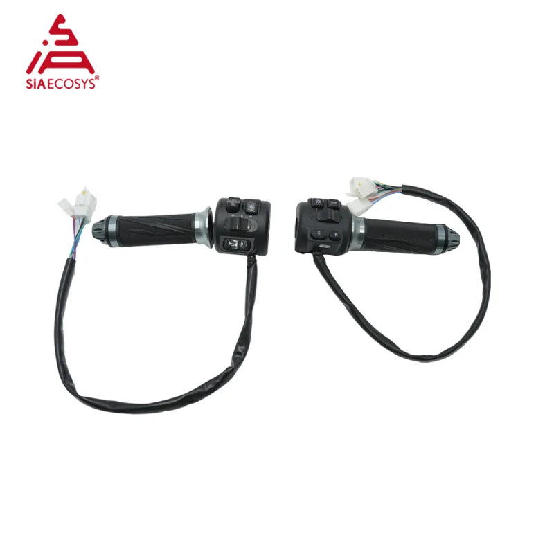 A pair of black motorcycle or scooter handlebar controls with integrated switches and attached wiring, shown on a plain white background. The SIAECOSYS brand logo is visible in the top-left corner.