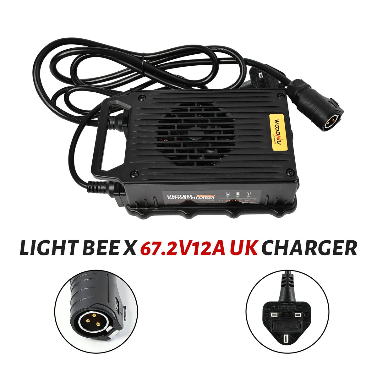 Black Light Bee X 67.2V 12A UK charger adapter with a coiled power cable, a circular fan grille on top, and circular inset details showing the UK plug and connector end, on a white background with text overlay.