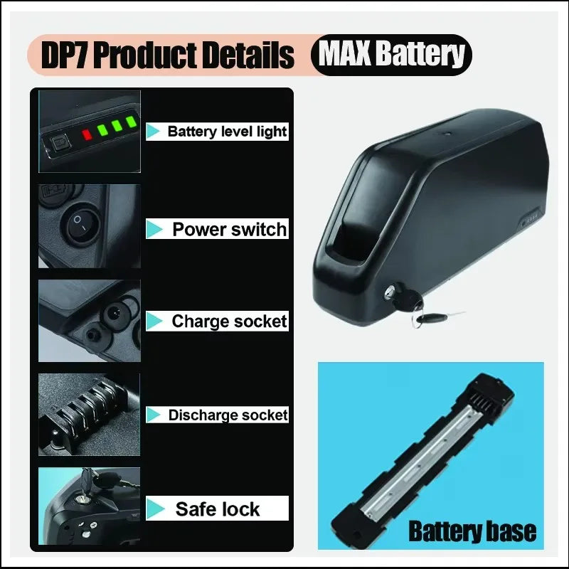 Black battery pack and battery base for a DP7 power bank, shown with feature callouts including battery level light, power switch, charge socket, discharge socket, and safe lock on a light gray background.
