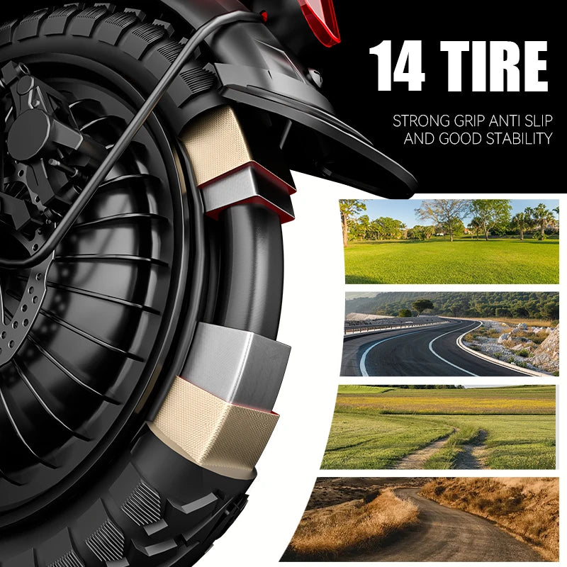 A close-up promotional graphic of a motorcycle tire with black rubber and metallic beige/silver tread blocks, alongside marketing text reading '14 TIRE' and three small landscape road photos showing grip and stability benefits.