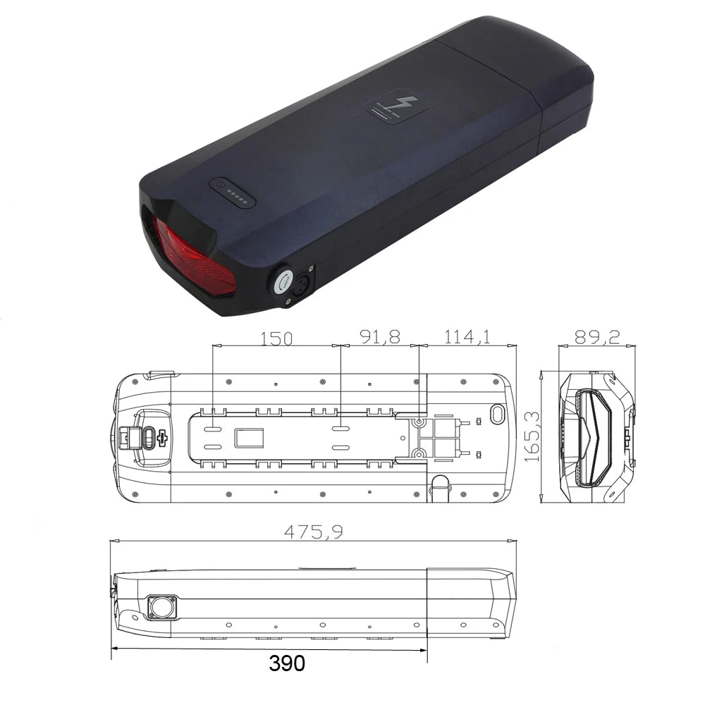 A dark blue rectangular bicycle light shown on a white background, with dimension line drawings below showing front, side, and top measurements.