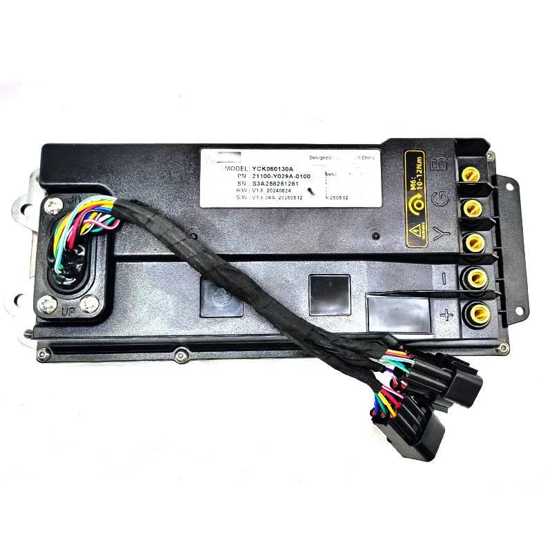 A black electronic control module with attached wiring harnesses, a white product label, and yellow terminal connectors, photographed on a plain white background.