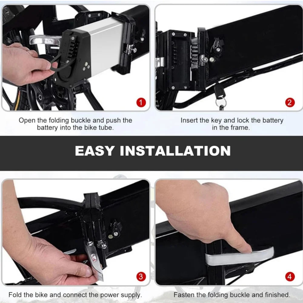 Instruction diagram showing four steps for easy installation of a bicycle battery and folding buckle, with hand illustrations and numbered panels on a white background with a dark gray banner.