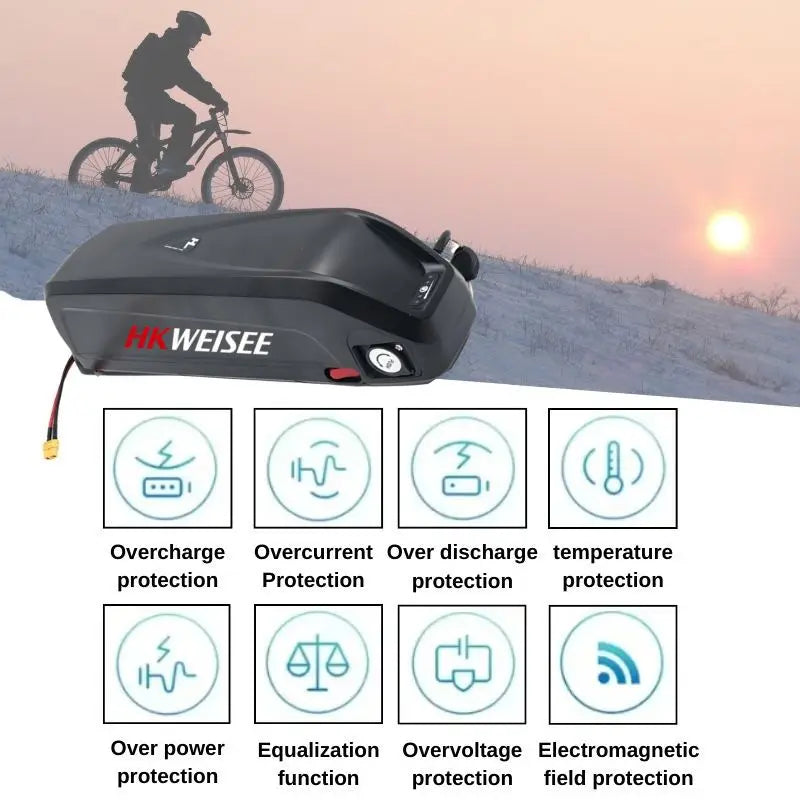 A black HWEISEE battery pack for electric bicycles, shown with feature icons and a background of a cyclist on a snowy hill at sunset.