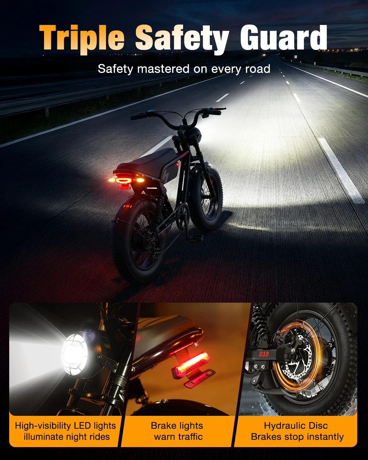 Motorcycle on a road with safety features highlighted, including LED lights, brake lights, and hydraulic disc brakes.