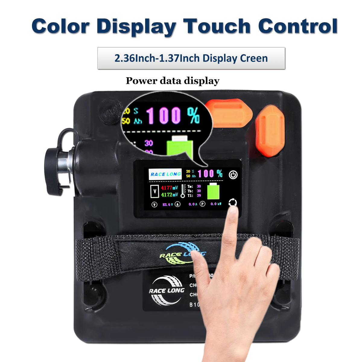 A black handheld electronic touch control display unit with an integrated screen, orange buttons, a wrist strap, and a finger touching the display. Text at the top reads 'Color Display Touch Control' and '2.