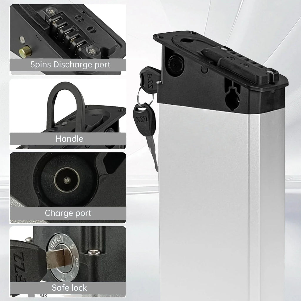 A tall rectangular silver and black battery unit shown on a light gray background, with four inset detail callouts labeled for the 5pins discharge port, handle, charge port, and safe lock.