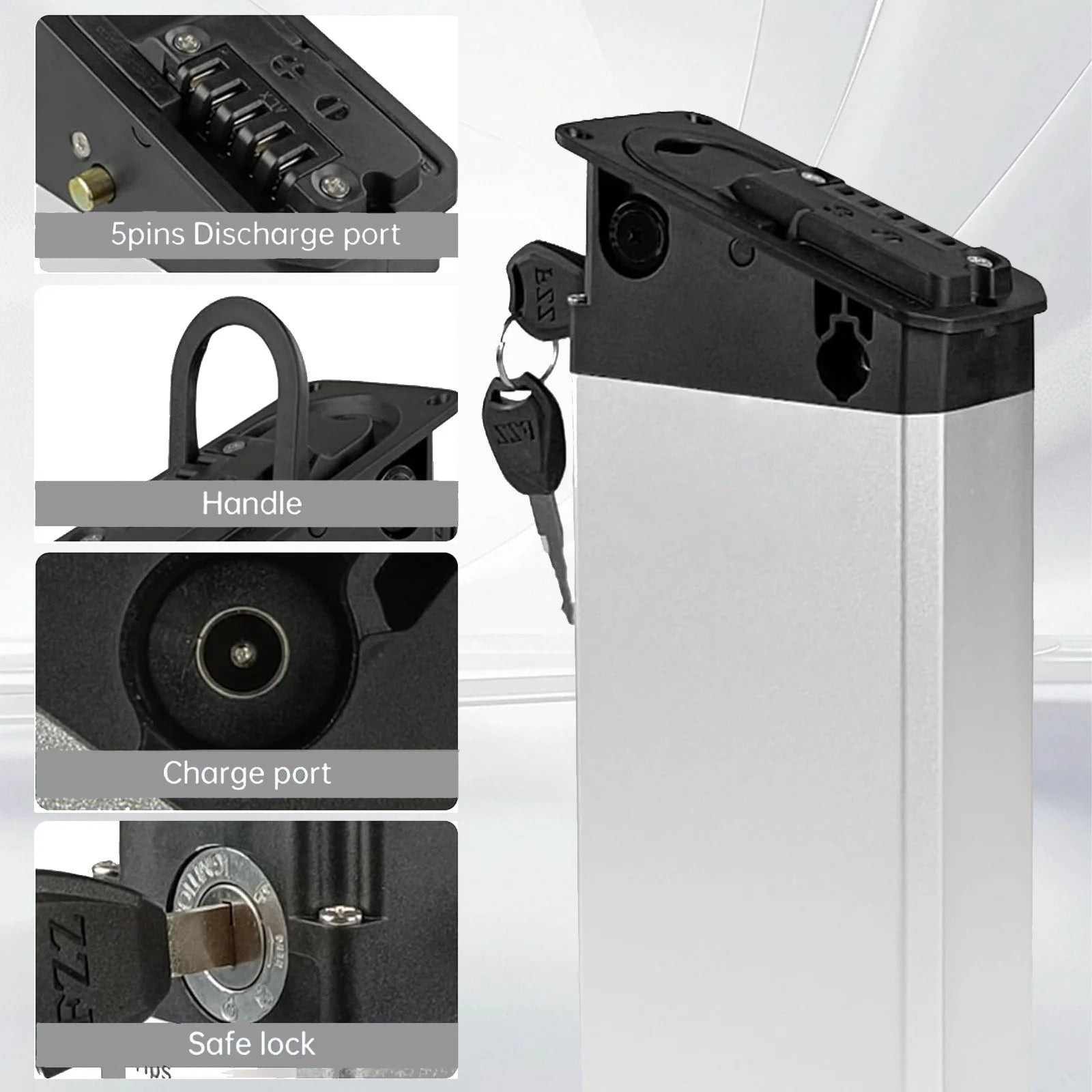 A tall rectangular silver and black battery unit shown on a light gray background, with four inset detail callouts labeled for the 5pins discharge port, handle, charge port, and safe lock.