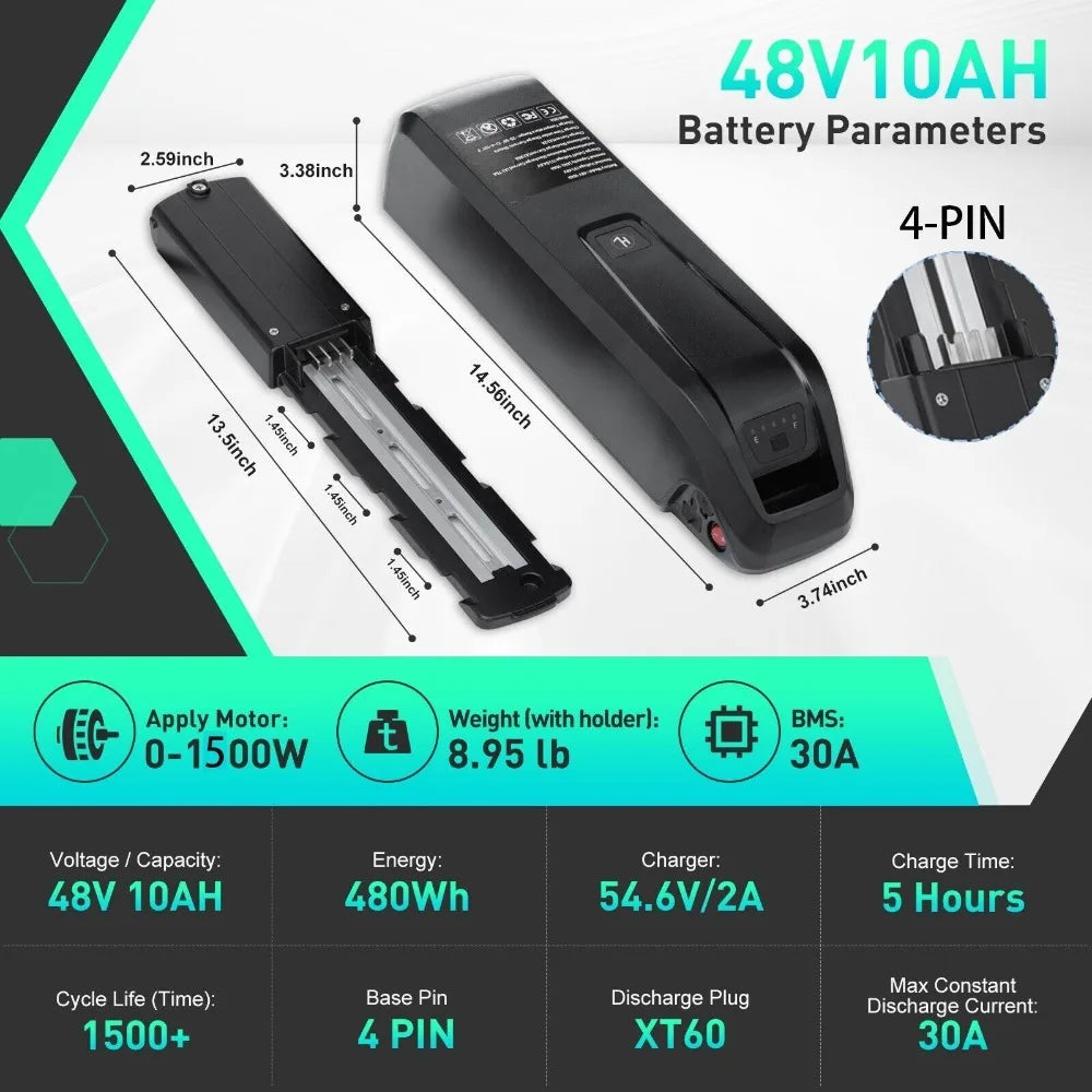 A 48V10AH rechargeable battery shown with dimension annotations, weight, pin count, and technical specifications on a dark and teal graphic background.