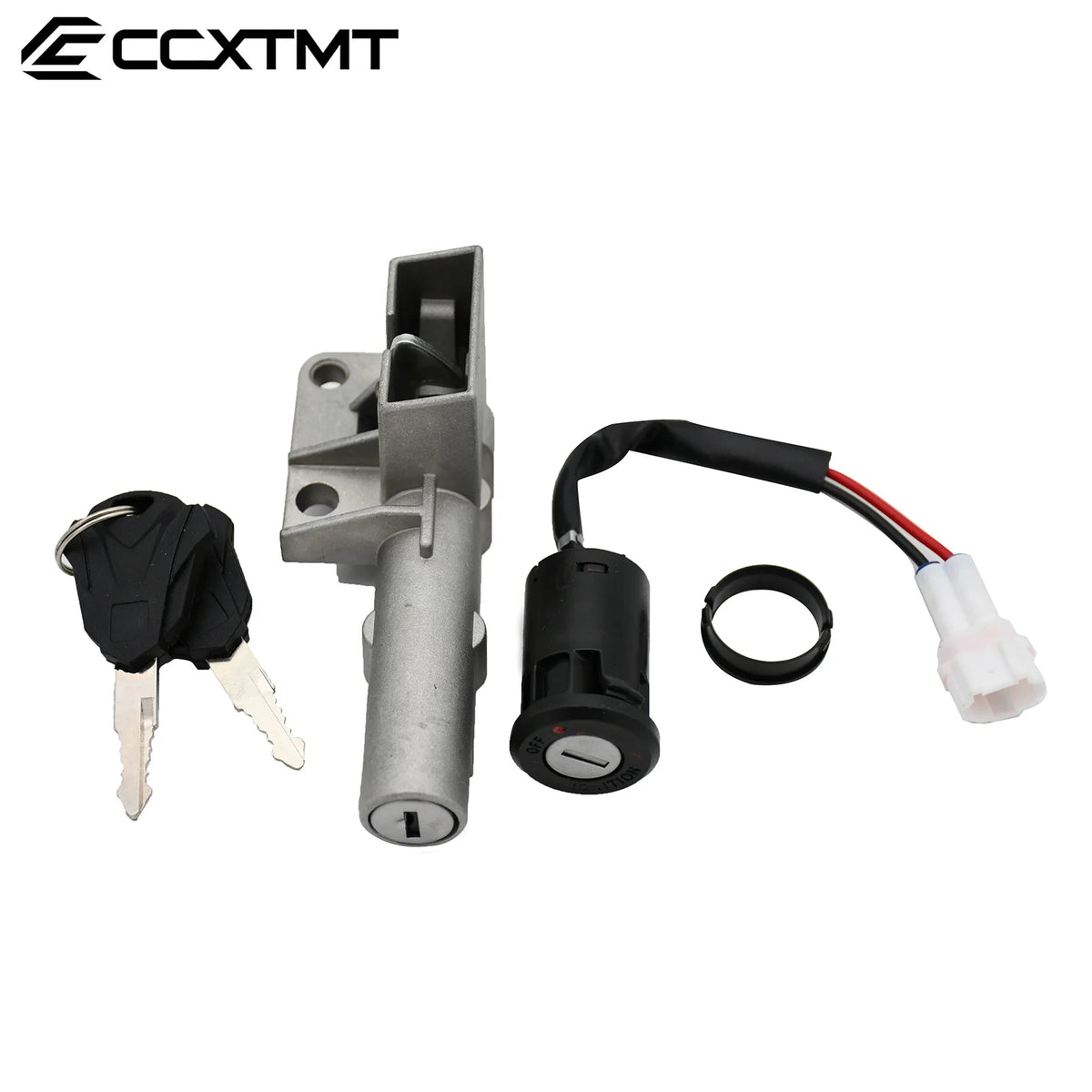 Car ignition switch assembly with keys and connectors on a white background, branded 'CCXTMT'.