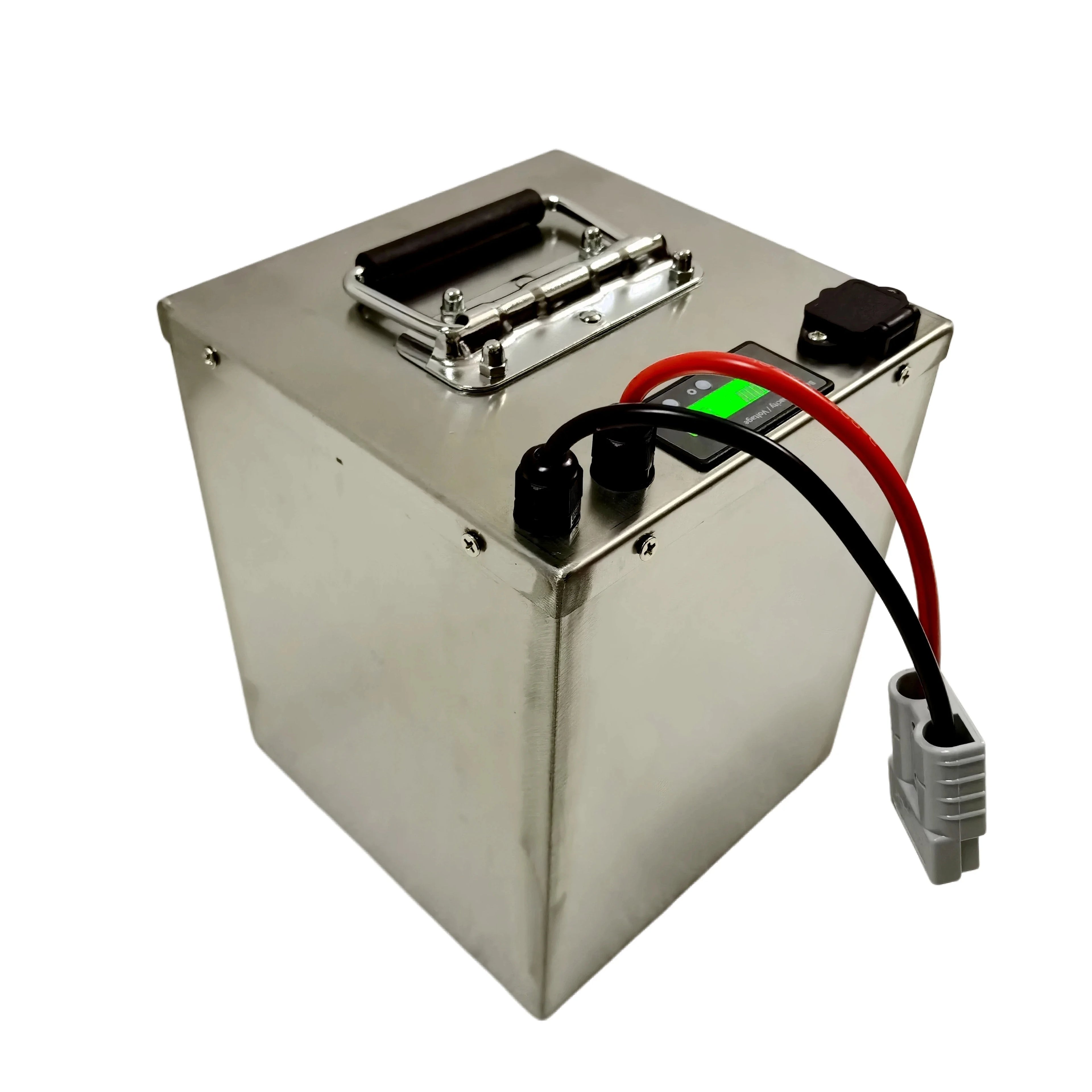 Metal battery box with connectors on a white background